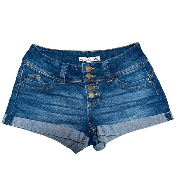 Wanna Beta Butt YMI Denim Shorts Women 7 Blue Button Fly Cuffed Stretch - Picture 1 of 6